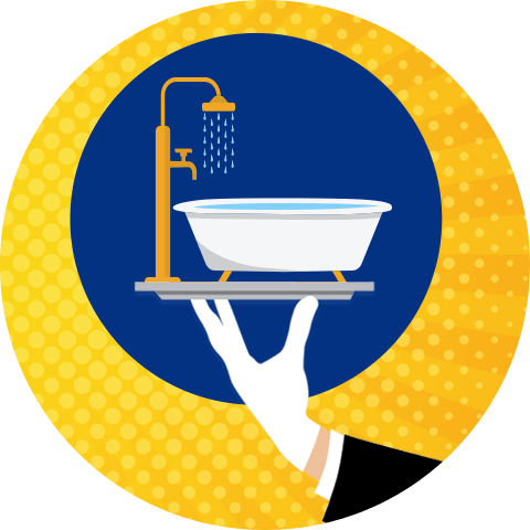 A hand holding a bath tub on a serving tray.